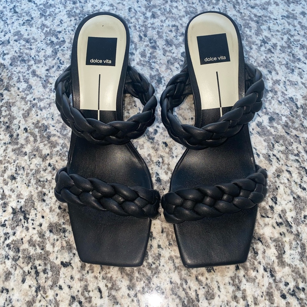 Dolce Vita Pailey Heels in black with snakeskin detail heel.